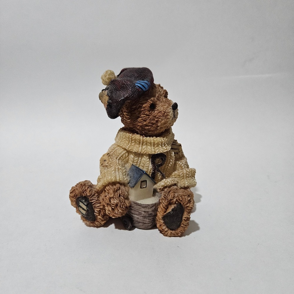 Vintage Resin Teddy Bear Figurine Wearing Sweater and Beret Holding House 1998 - Picture 2 of 7